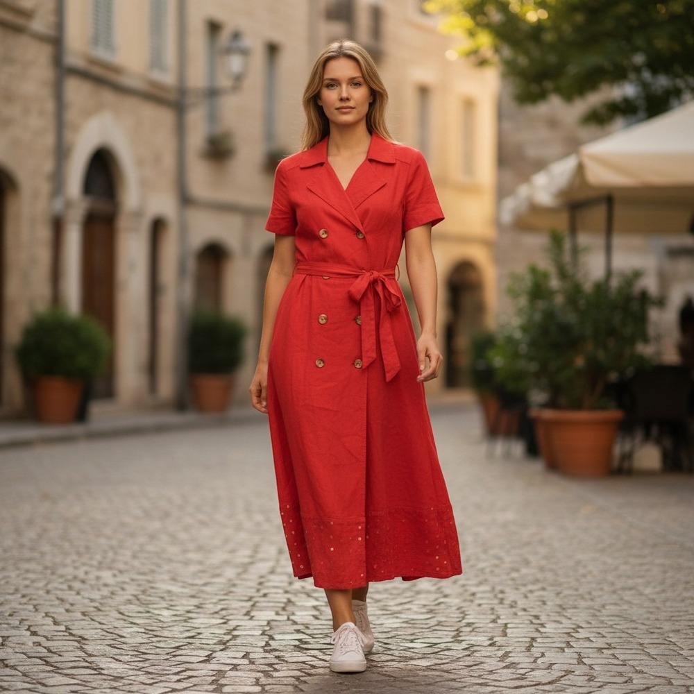 120% Lino Double Breasted Linen Dress Womens 40 Red Sequin Hem Italy